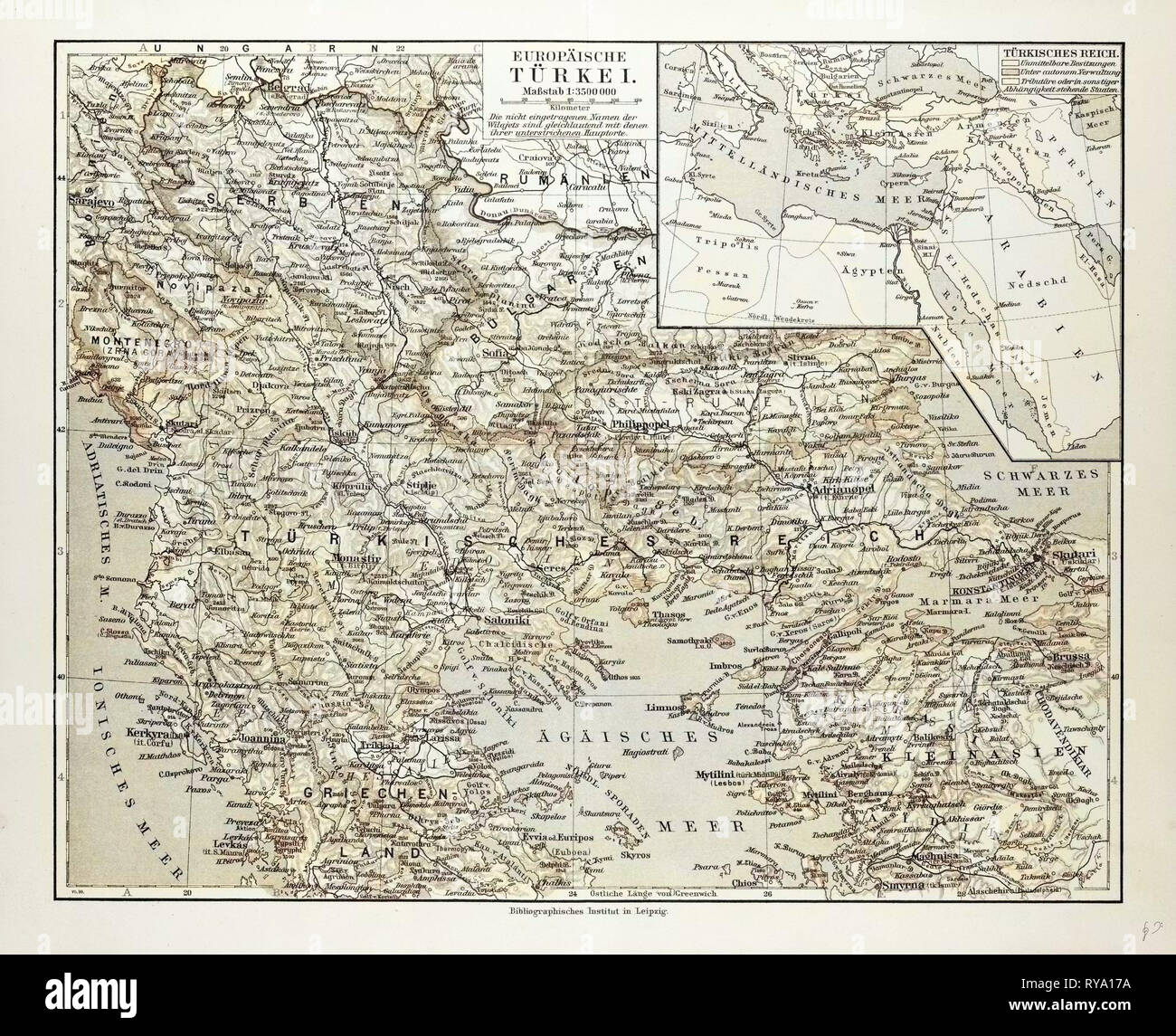 Map of Montenegro Serbia Macedonia Northern Greece Bulgaria Albania Western Turkey 1899 Stock Photo
