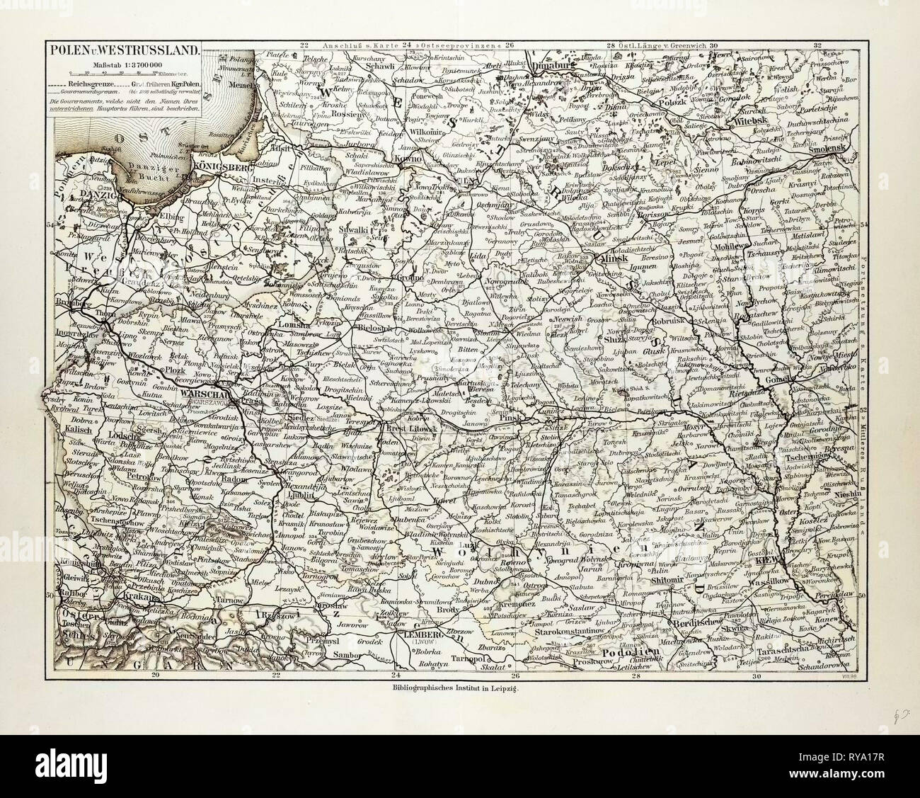 Map of Poland Belarus and Ukraine 1899 Stock Photo