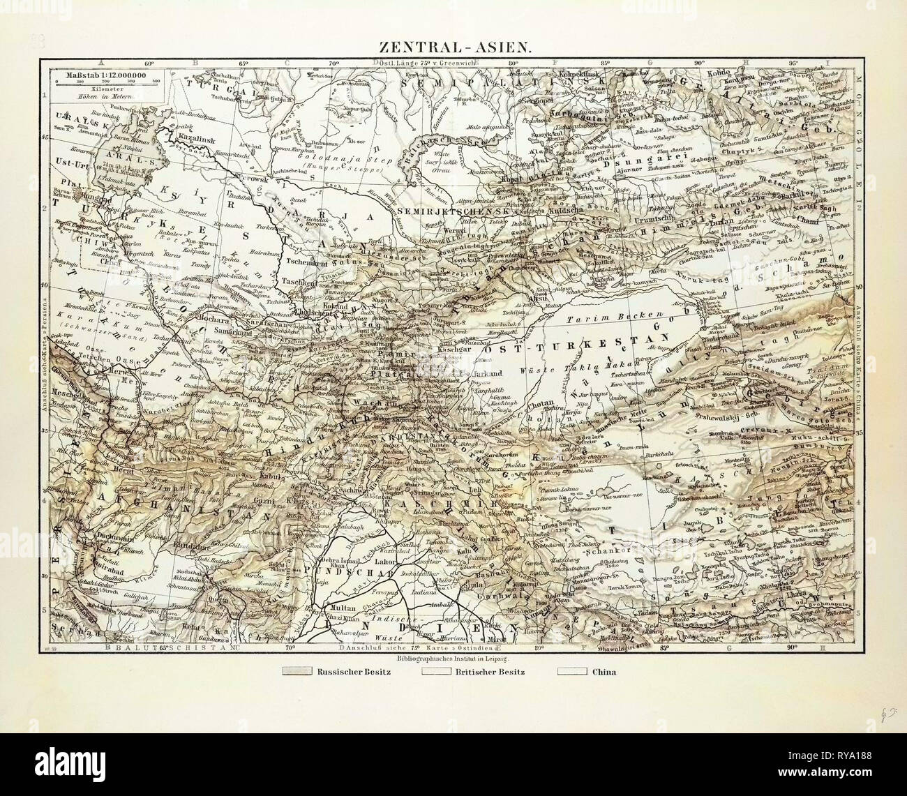 Map of Central Asia Afghanistan Pakistan Republic of Tajikistan Turkmenistan the Republic of Uzbekistan Tibet and the North of India 1899 Stock Photo
