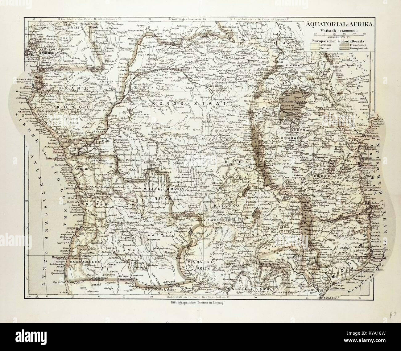 Map of Equatorial Africa the Republic of Mozambique the Republic of Angola Uganda Kenya 1899 Stock Photo