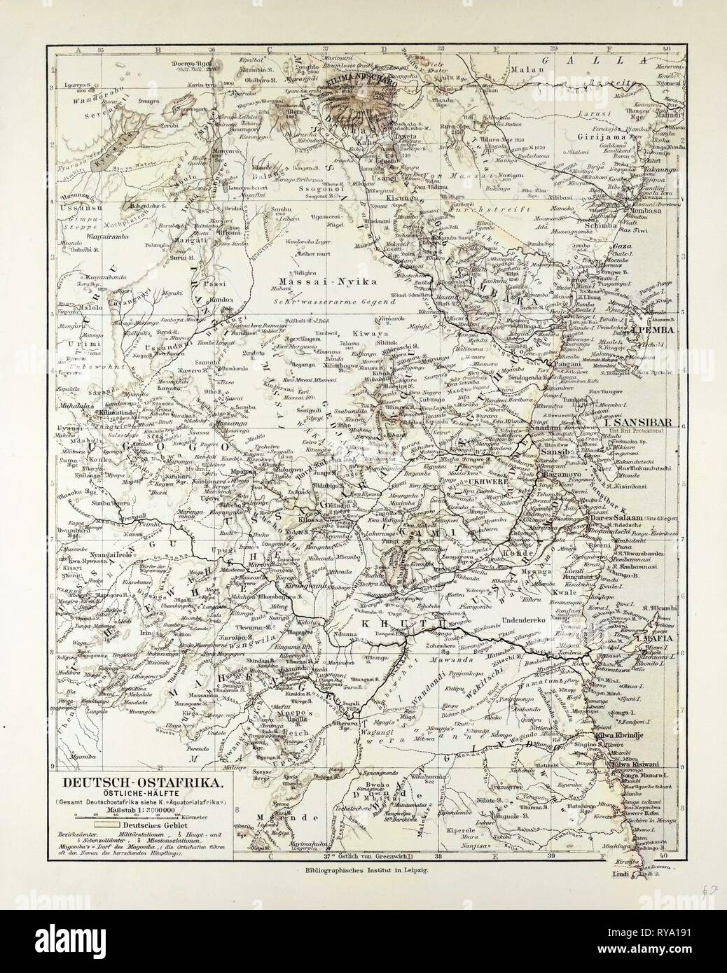 Map of Tanzania Kilimanjaro 1899 Stock Photo