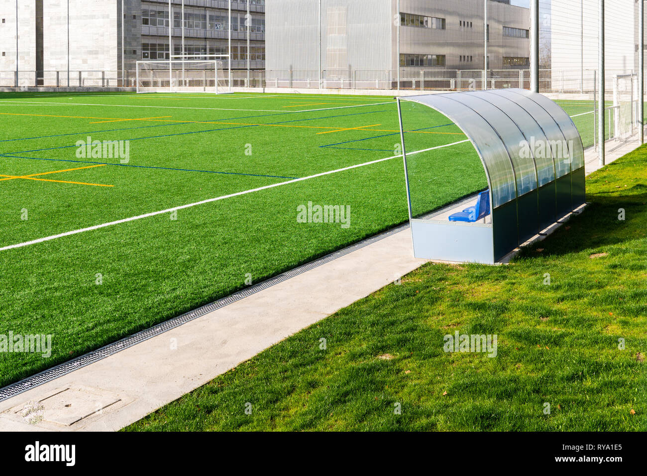 Soccer bench of Santiago de Compostela University soccer field Stock Photo