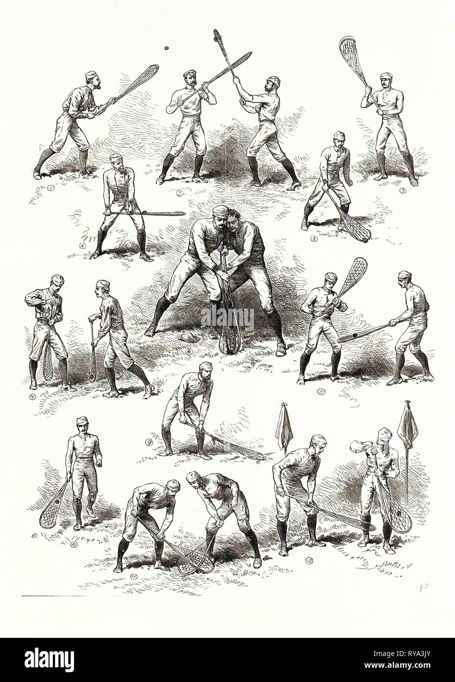 The Canadian Game of La Crosse: 1. Catching. 2. And 3. Checking. 4. Long Throw. 5. Picking Up. 6. A Tussle. 7 and 8. Dodging and Checking. 9. Flat Catch. 10. Running. 11. Facing. 12. Throwing and Goal Keeping, 1883 Stock Photo