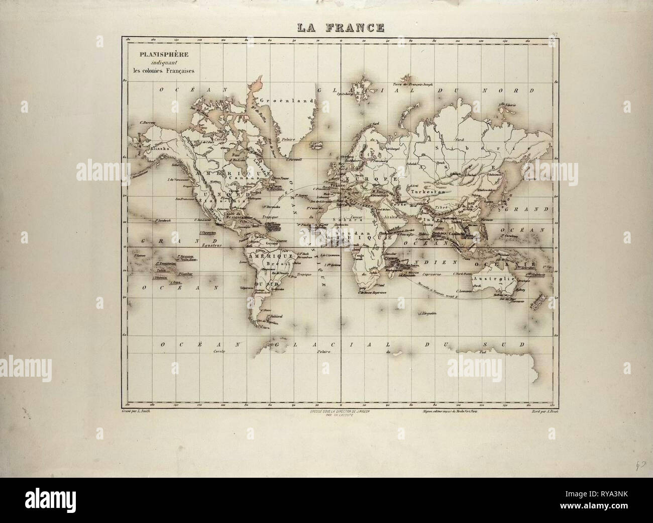 Map of the World Showing France's Colonies in 1896 Stock Photo