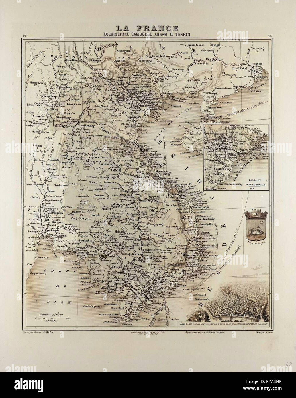 Map of Vietnam Cambodia Thailand Laos 1896 Stock Photo