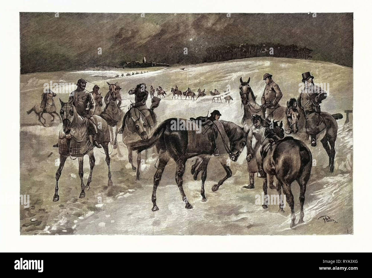 A Wintry Morning on Newmarket Heath: Inspecting the Thoroughbreds Whilst at Morning Exercise 1891 Stock Photo