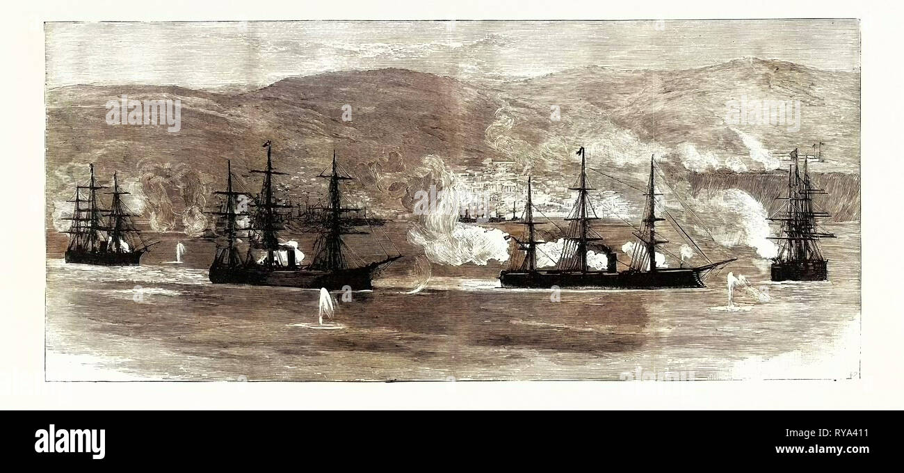 The Civil War in Chile: Insurgent War Ships Being Fired at from the Valparaiso Forts Stock Photo