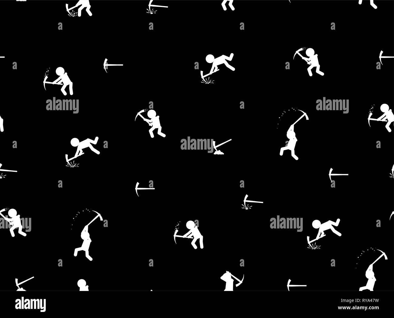 Mining working figures with pickaxes, seamless texture pattern, vector illustration black and white, horizontal background Stock Vector