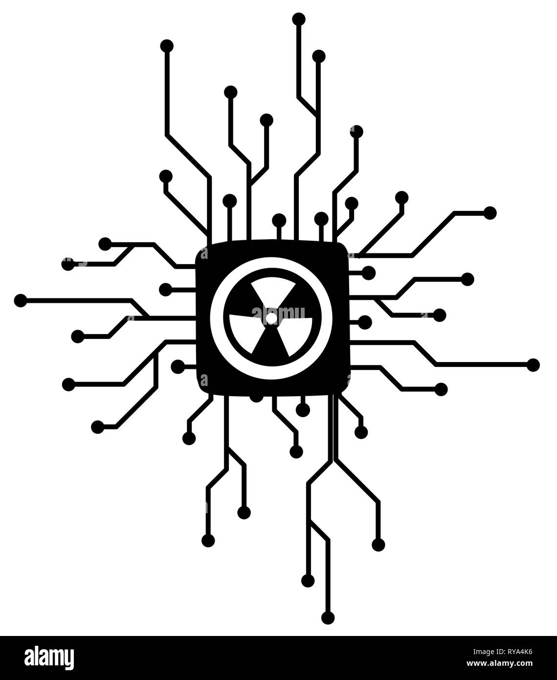 Nuclear power electronic chip stencil black, vector illustration