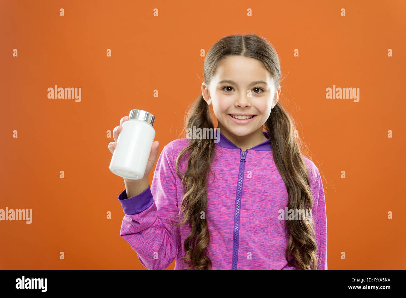 Health Care Girl Long Hair Hold Medicines Bottle Vitamin Concept