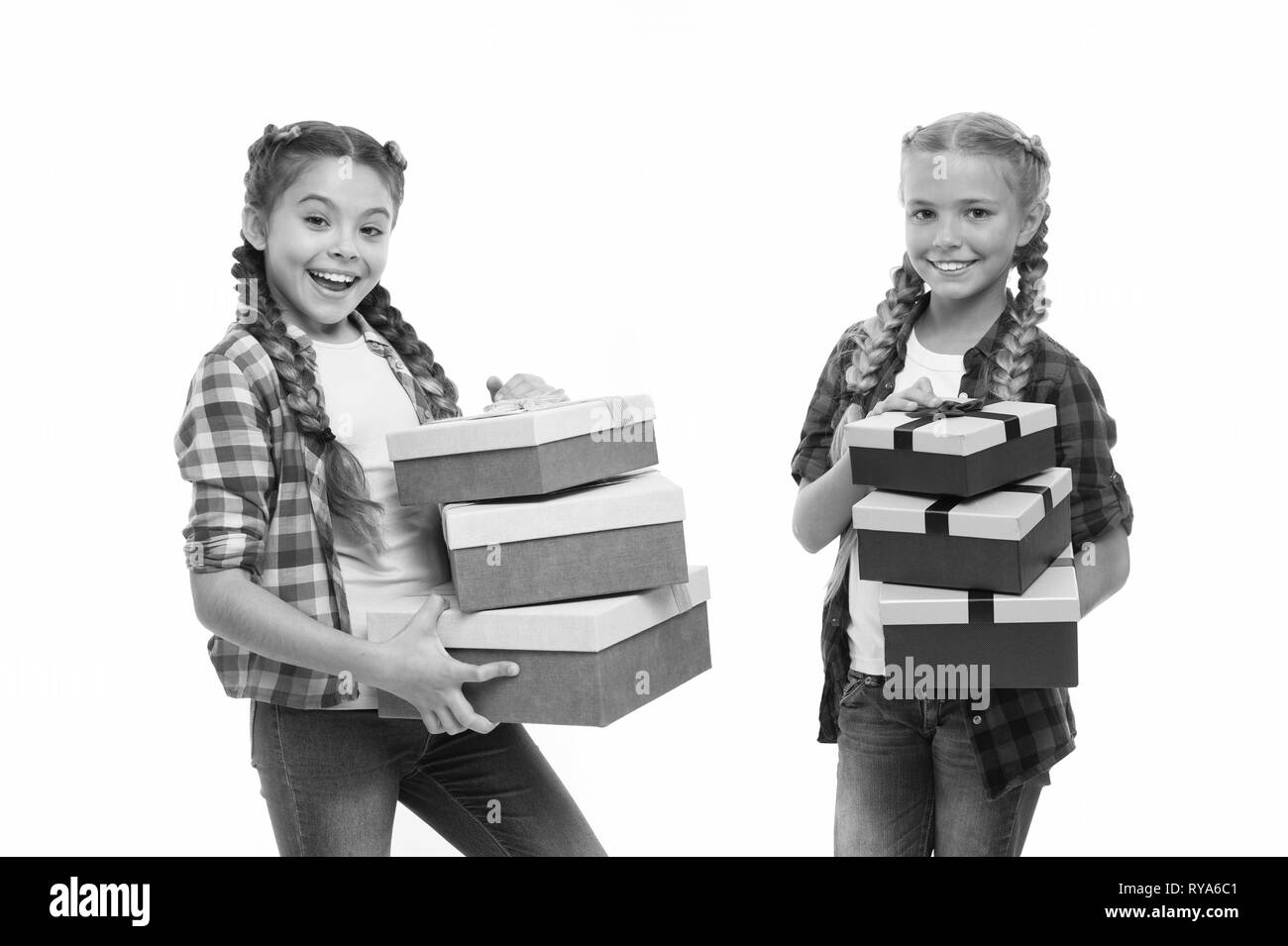 Kids Little Girls With Braids Hairstyle Hold Piles Gift Boxes