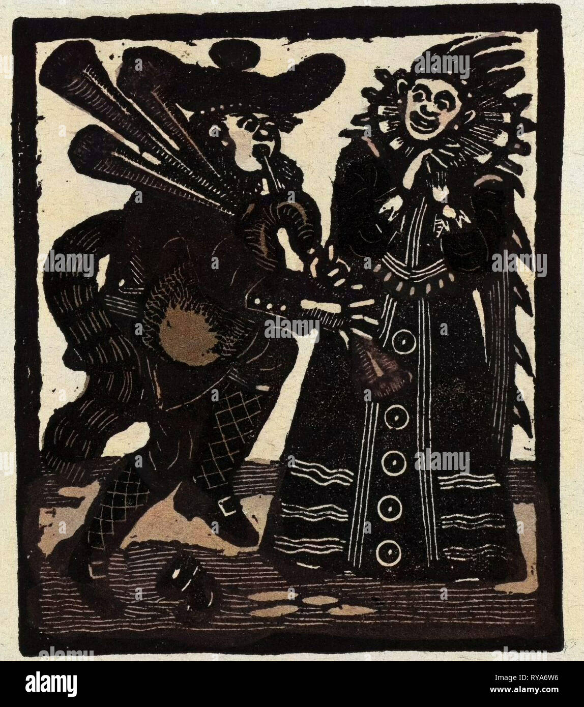 Illustration of English Tales Folk Tales and Ballads. A Man Playing a Bagpipe While a Woman Watches Stock Photo