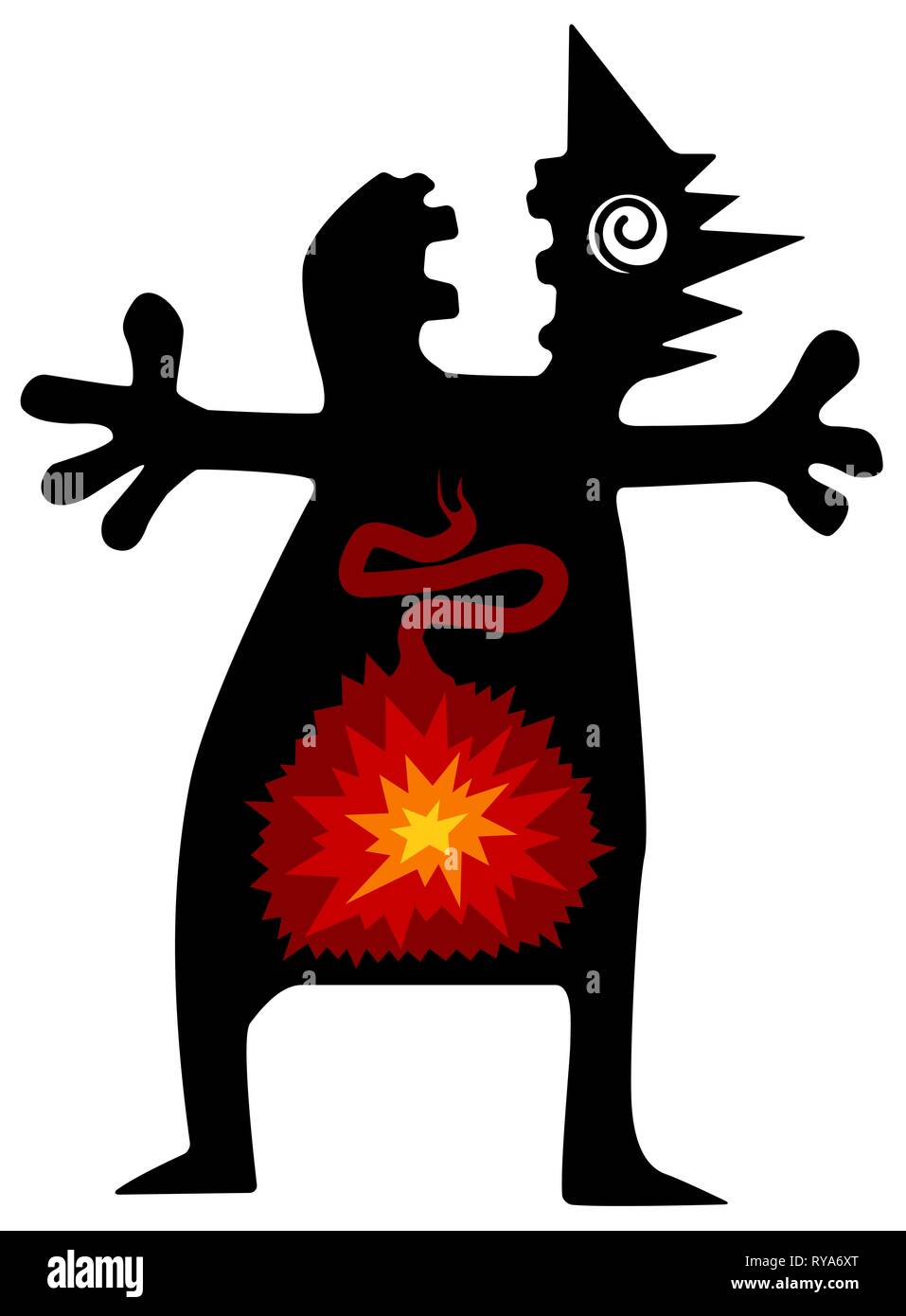 Stomach ache boom funny cartoon character black silhouette, vector illustration, vertical, isolated, over white Stock Vector