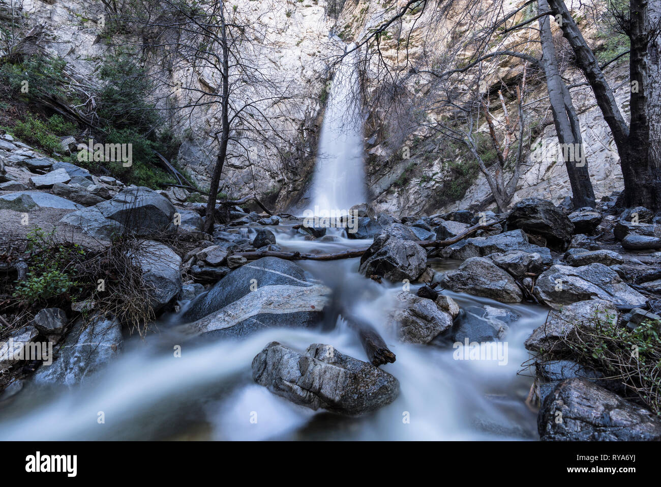 Sturtevant Falls and Creek with motion blur.  A popular Angeles National Forest natural area in the San Gabriel Mountains above Los Angeles and Pasade Stock Photo