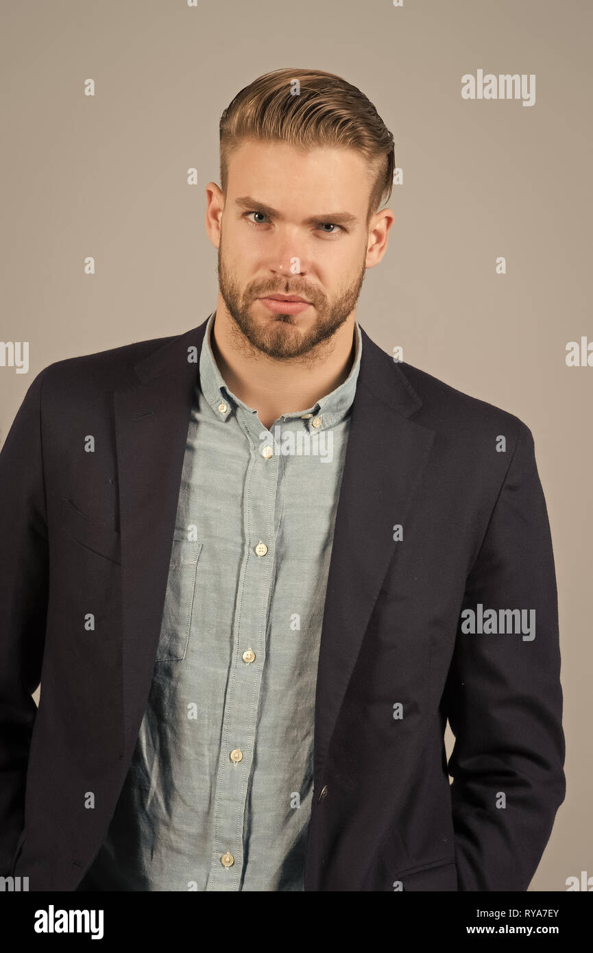 Man entrepreneur bearded with perfect hairstyle grey background. Simple hacks make hairstyle better. Use right product styling hair. Confident metrose Stock Photo - Alamy Man entrepreneur bearded with perfect hairstyle grey background. Simple hacks make hairstyle better. Use right product styling hair. Confident metrose Stock Photo - Alamy