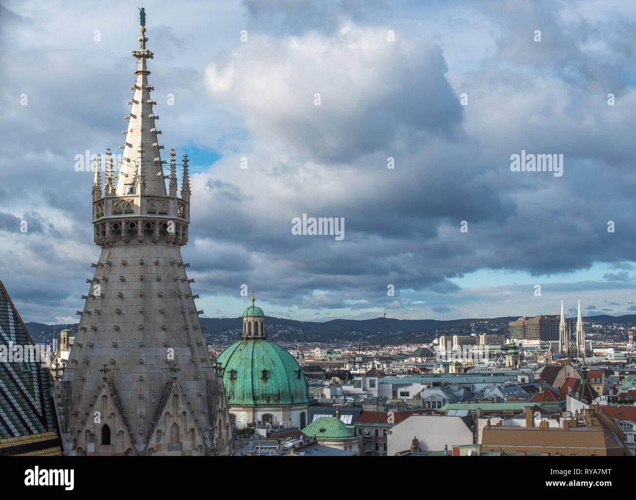 Elevated view from St. Stephens Cathedral (Stephansdom) North tower in Vienna, Austria. Stock Photo