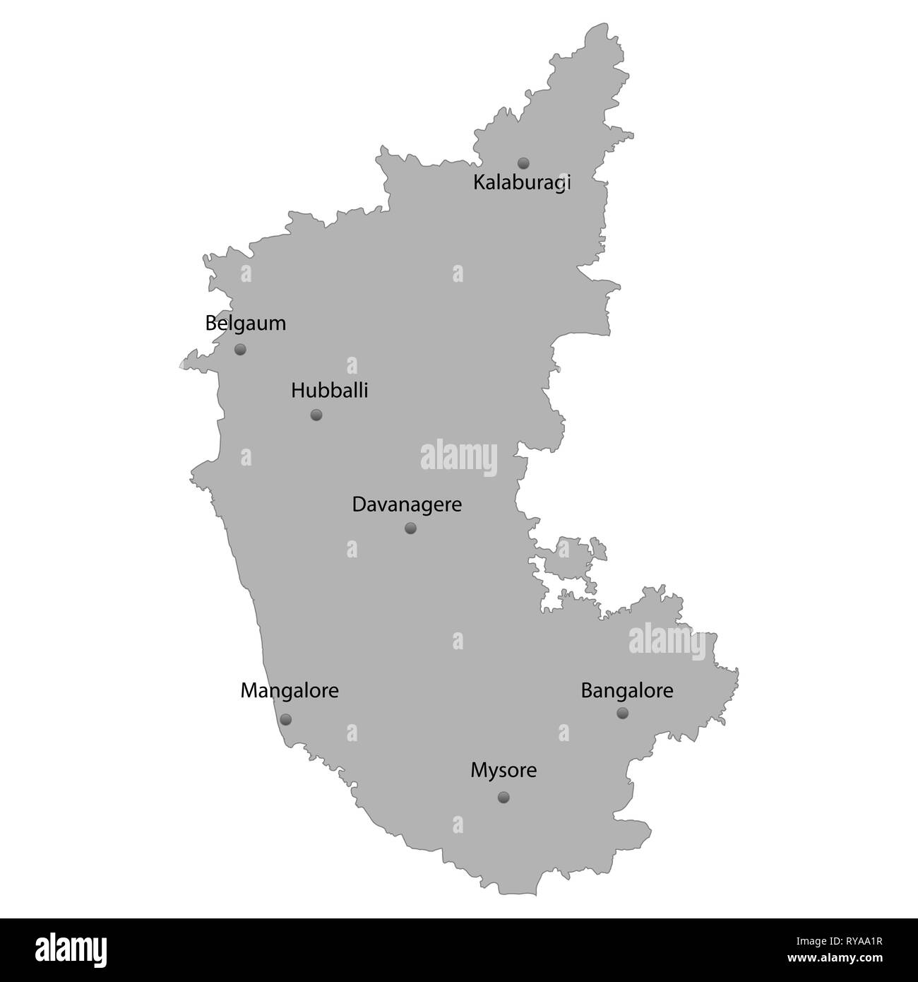 High Quality map of Karnataka is a state of India. With main cities location Stock Vector