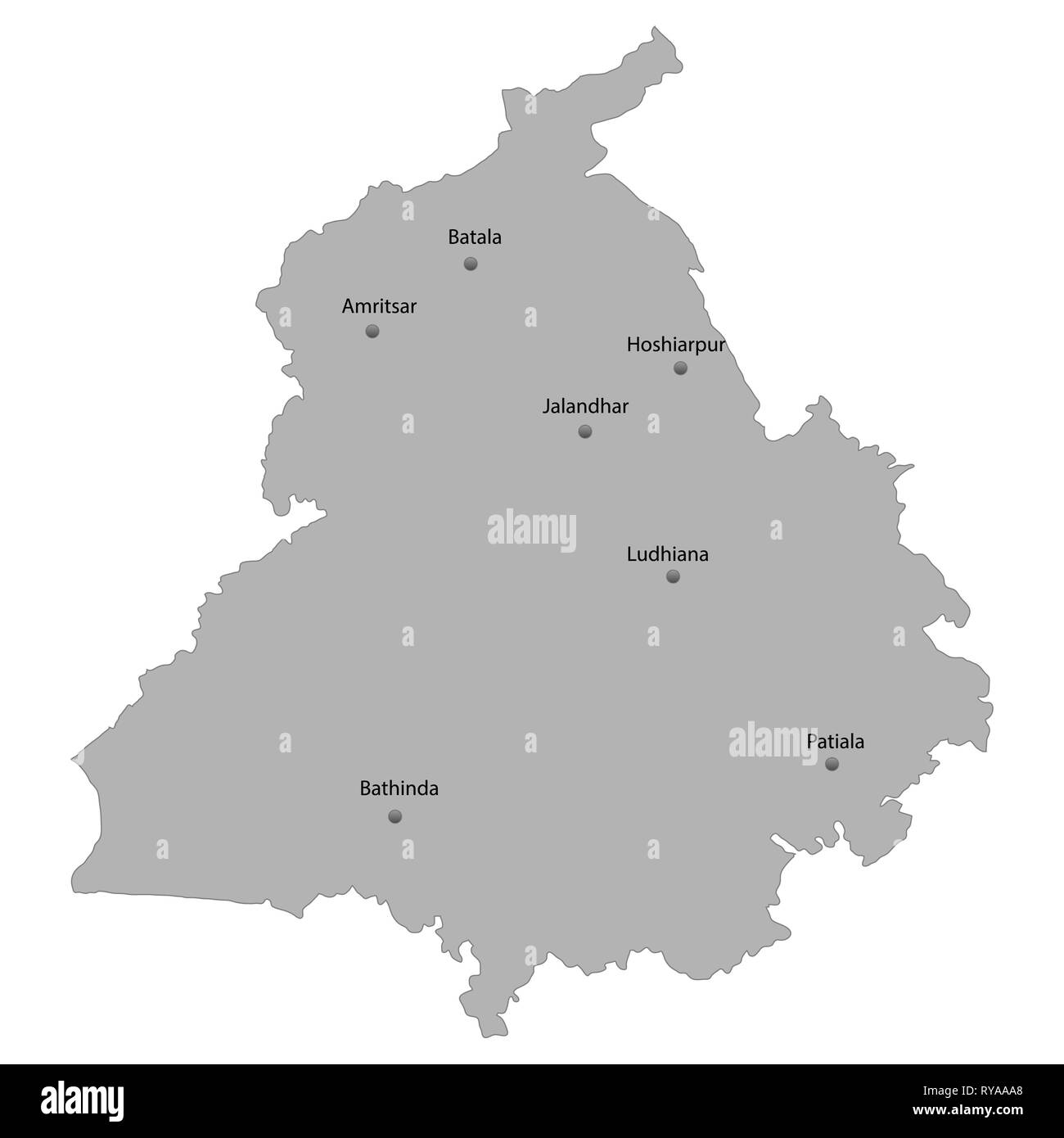 High Quality map of Punjab is a state of India. With main cities location Stock Vector