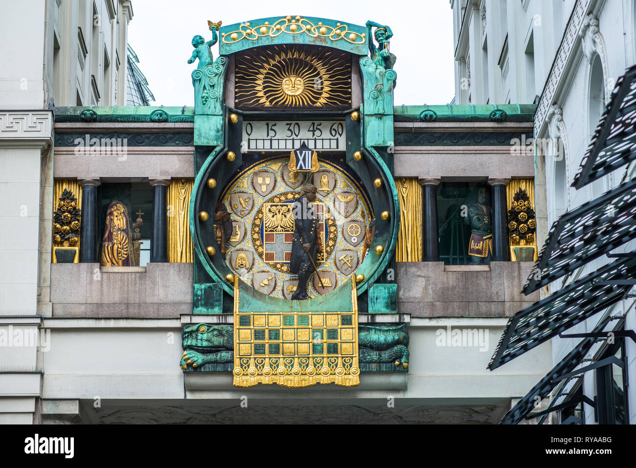 Ankeruhr (Anker clock) at Hohen Markt square, famous astronomical clock in Vienna, Austria built by Franz von Matsch. Stock Photo