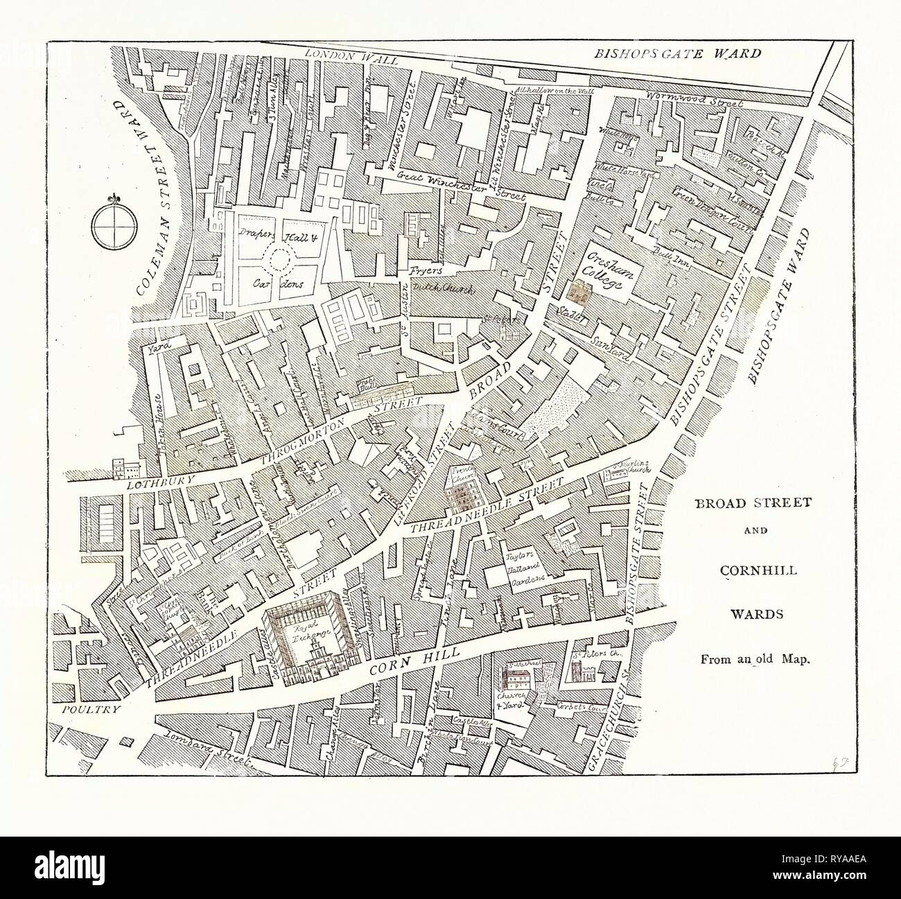 Broad Street and Cornhill Wards from a Map of 1750 London Stock Photo