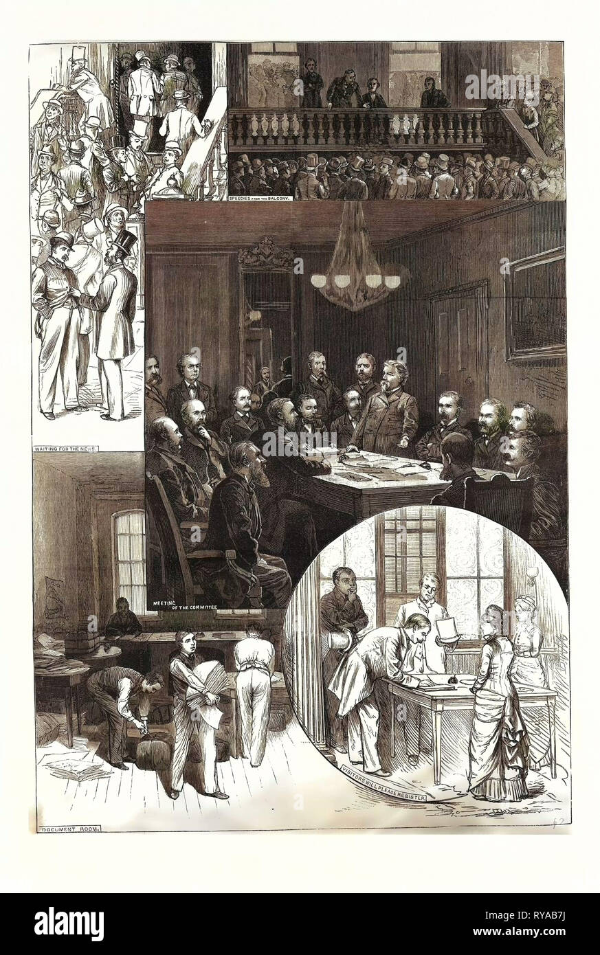 Head-Quarters of the National Republican Committee, Fifth Avenue, New York, Drawn Frank Miller, Politics, Political, Politic, Campaign, Patriotic, US, USA, America, United States, American, Engraving 1880 Stock Photo