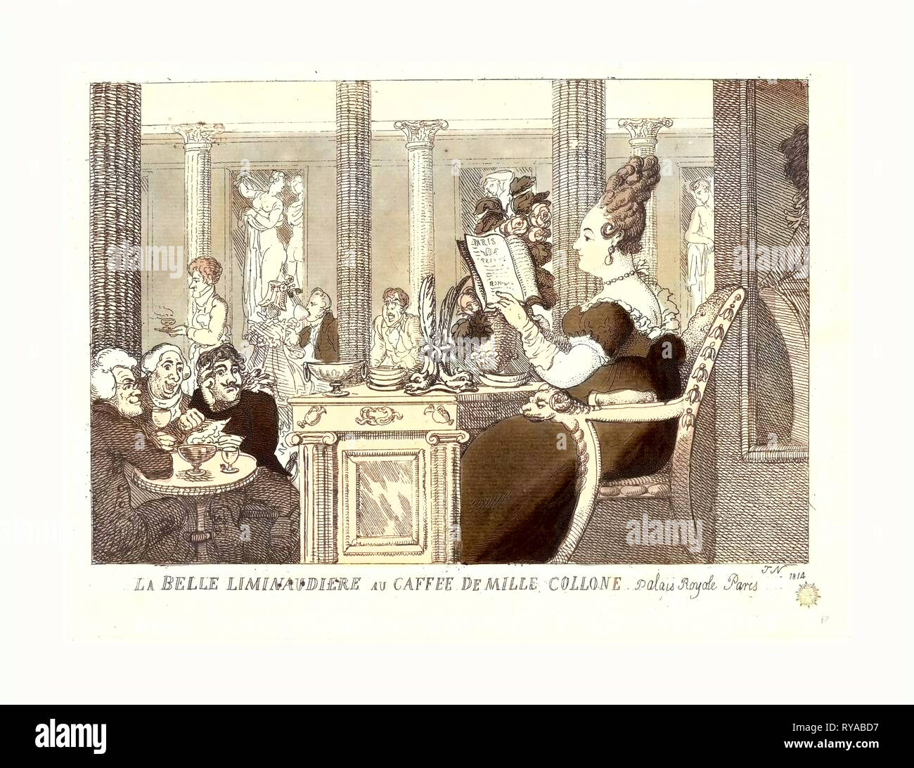 Thomas Rowlandson (British, 1756  1827 ), La Belle Limonaudiere Au Cafe Des Mille Colonnes, Palais Royal, Paris, 1814, Hand Colored Etching Stock Photo