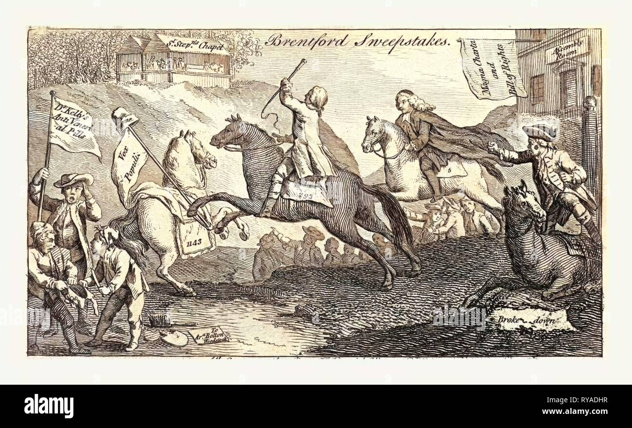 Brentford Sweepstakes. All Coursers the First Heat with Vigour Run. But 'Tis with Whip & Spur the Race is Won, England, 1769, Four Horses Running Towards St. Stepn's Chapel, a Building with Open Sides, and Containing a Party of Men Seated at a Long Table Stock Photo