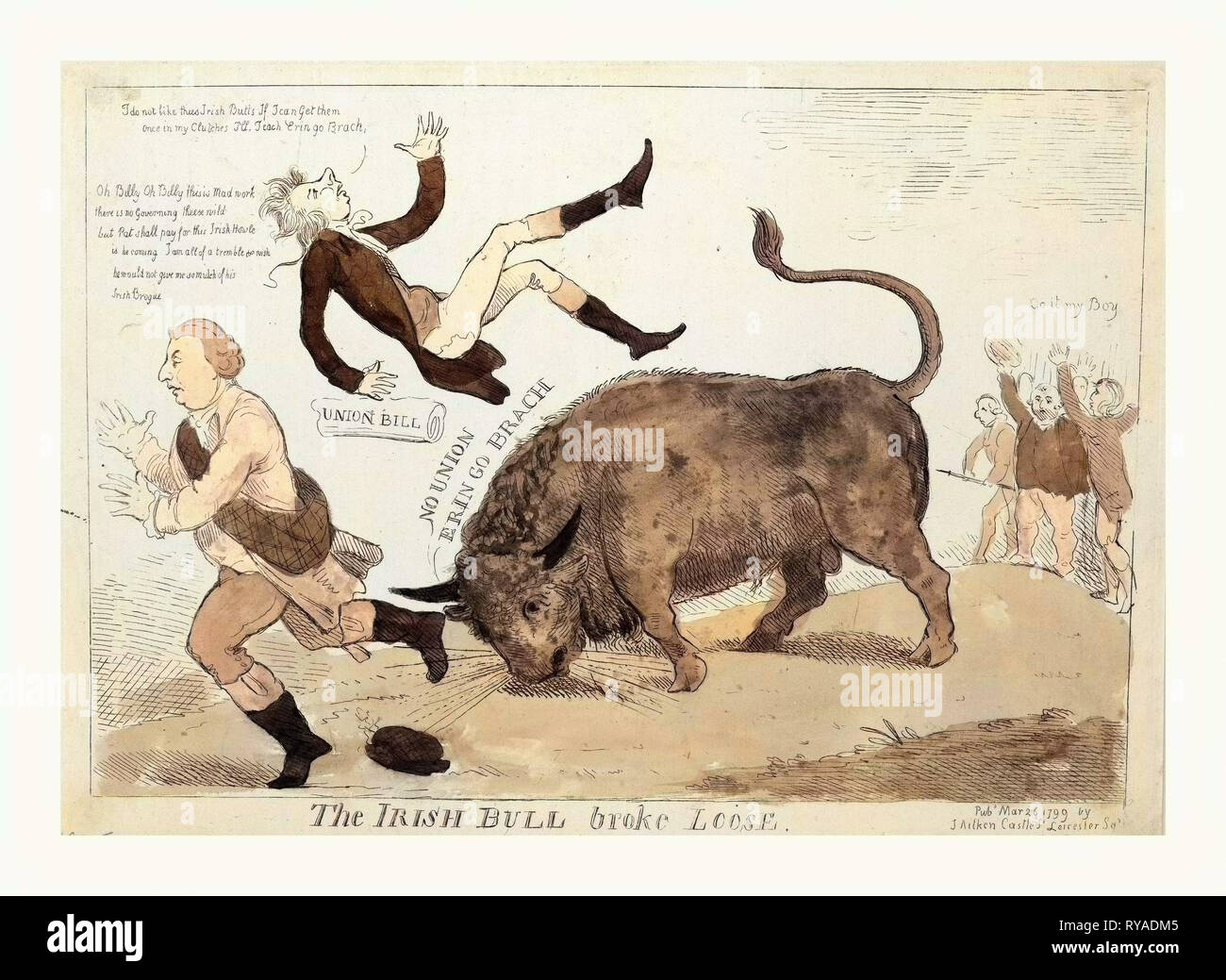 The Irish Bull Broke Loose, Cruikshank, Isaac, 1756?-1811?, Engraving 1799,  the Irish Bull Tossing William Pitt Into the Air and About to Do the Same to Lord Dundas Who Runs to the Left, on the Far Right, Those Opposed to Pitt's Union Bill Cheer on the Bull, Go It My Boy Stock Photo