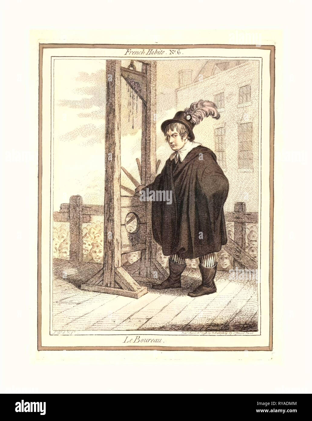 Le Boureau, Gillray, James, 1756-1815, Engraving 1798, George Tierney Dressed As an Executioner Standing Next to a Guillotine with a Crowd of Liberty-Capped Citizens in the Background Stock Photo