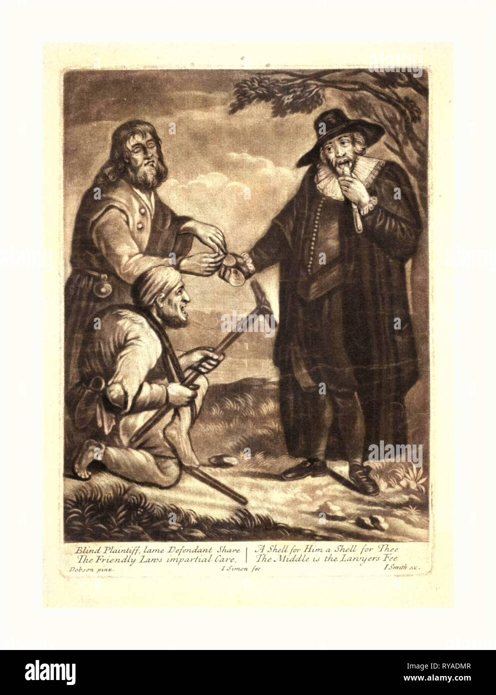 Blind Plaintiff, Lame Defendant Share, Simon, John, 1675-Approximately 1755., [Between 1700 and 1740], Two Handicapped Persons Each Receiving Half of an Oyster Shell from a Lawyer While He Consumes the Oyster Stock Photo