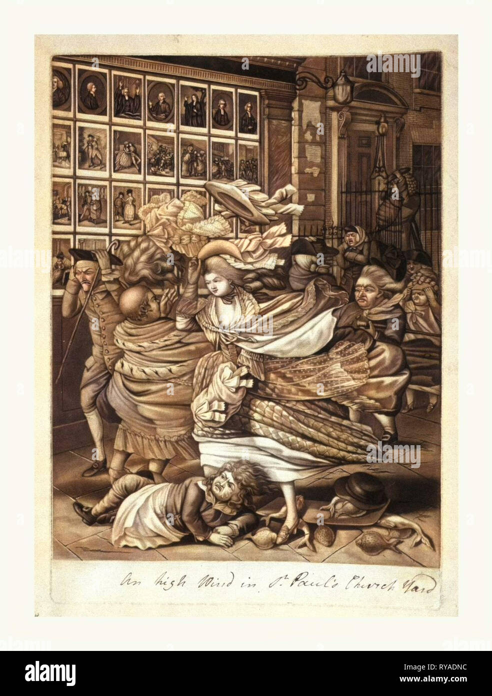 An High Wind in St. Paul's Church Yard, Artist, [1783], Mezzotint, Hand-Colored, a Street Scene Outside a Print Shop on a Windy Day As Pedestrians Struggle against the Force of the Wind Stock Photo