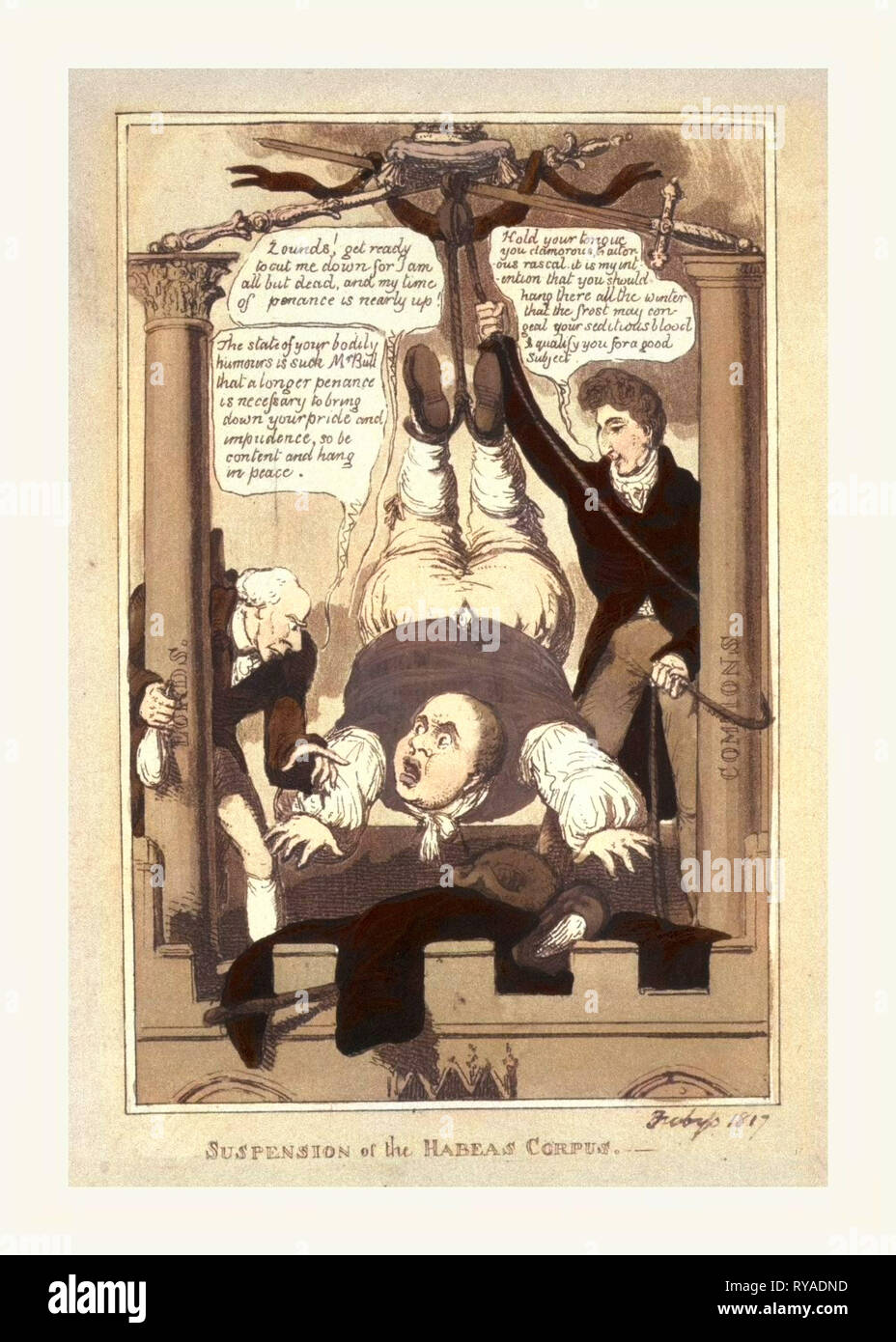 Suspension of the Habeas Corpus, 1817, John Bull Suspended by His Feet Between Two Columns Labeled Lords and Commons Stock Photo