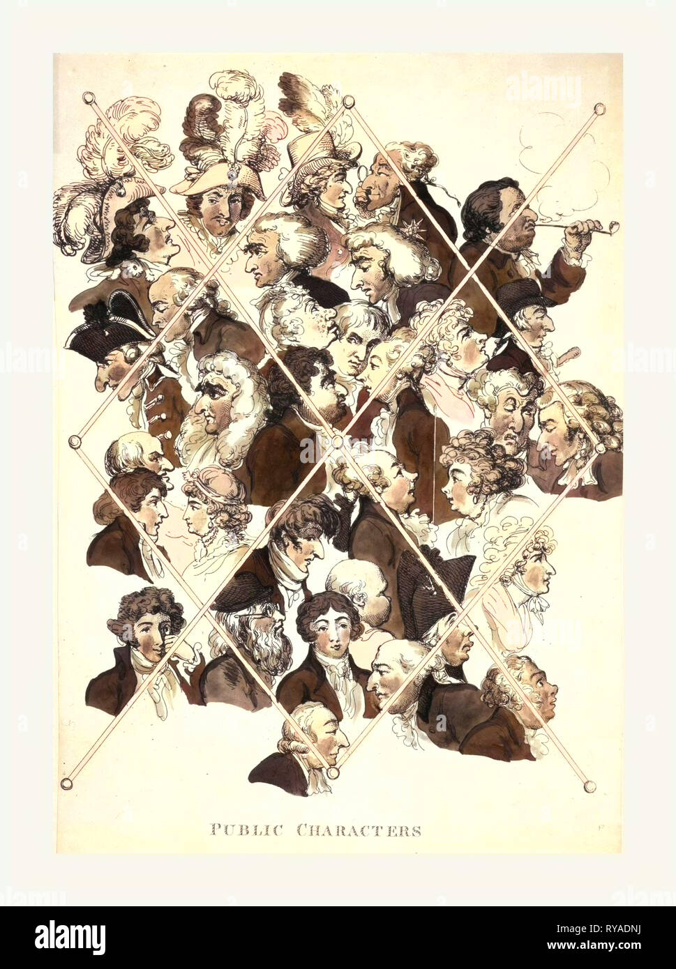 Public Characters, Rowlandson, Thomas, 1756-1827, Engraving 1801, Heads of Well-Known People, Arranged in a Medley, Placed behind Lines Intersecting Diagonally which Simulate Crossed Tapes Forming a Rack for Cards or Letters. In the Center Are Fox and Pitt Facing Each Other. Between Them, Tierney Looks Out with a Sly Expression. Among Others Are Richard Sheridan, Burdett, George Grenville, Sarah Siddons, George Hanger, John Kemble, Lady Archer, Queensberry, Lord Hood, Van Butchell, Derby, Lord Moira, Etc Stock Photo