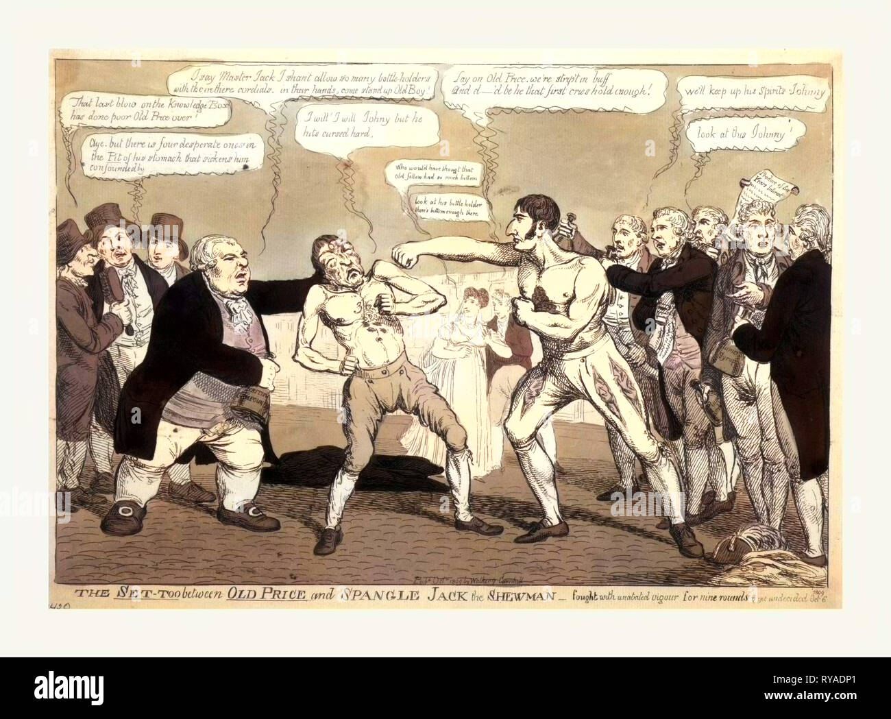 The Set-Too Between Old Price and Spangle Jack the Shewman - Fought with Unabated Vigour for Nine Rounds & Yet Undecided, Engraving 1809, a Pugilistic Encounter, Over New Theater Prices, Between John Philip Kemble, Tall and Muscular, and Old Price, a Much Smaller and Weaker Opponent Stock Photo