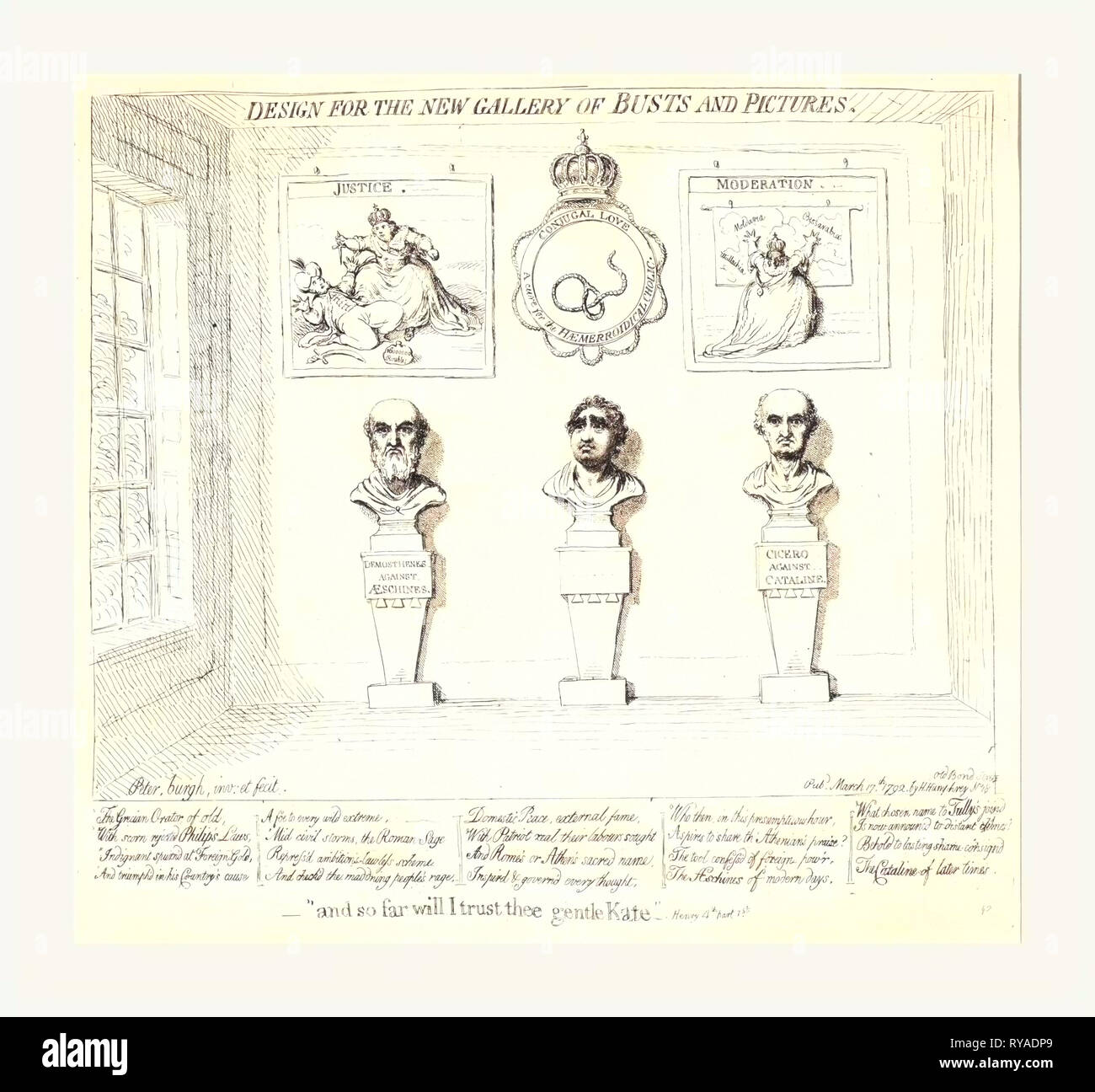 Design for the New Gallery of Busts and Pictures, and So Far Will I Trust Thee Gentle Kate, Henry 4th, Part 1st , Gillray, James, 1756-1815, Engraving 1792, Interior View of a Portrait Gallery with Busts of Demosthenes and Cicero, Both Frowning, and Between Them a Bust of Charles J. Fox, Hanging on the Wall above Are Two Prints Showing Catherine II of Russia, in One, Titled Justice, She is About to Stab a Sultan, in the Other, Moderation, She is Facing a Map of Moldavia, Bessarabia, and Wallachia, which She Embraces with Outspread Arms, Hanging above the Bust of Fox is a Crowned Circle Stock Photo