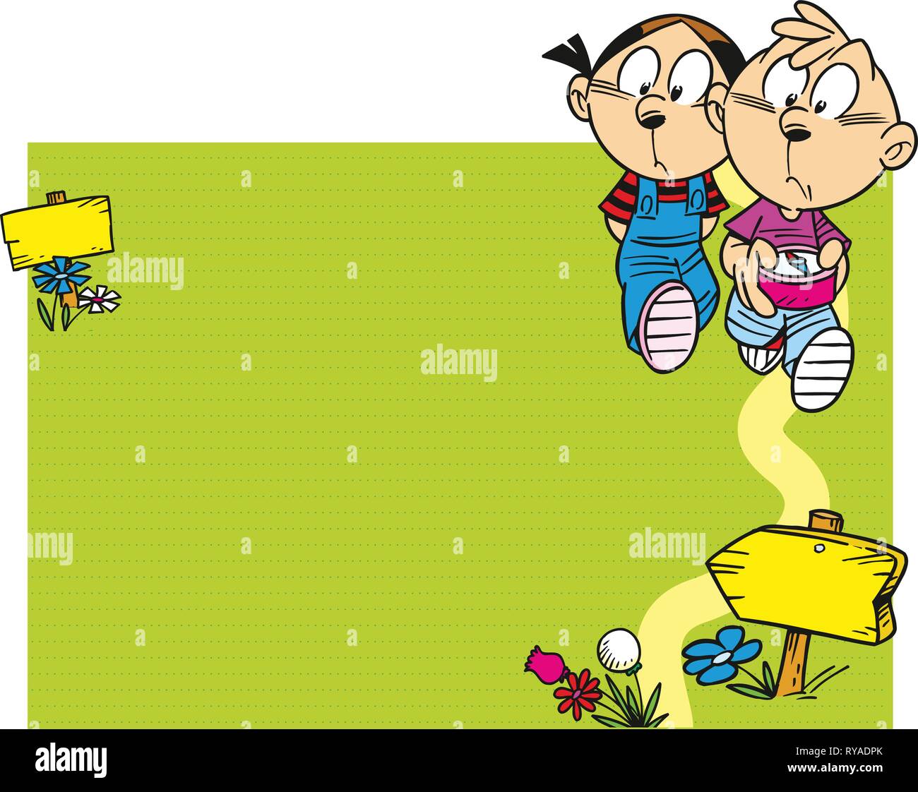 The illustration shows a boy and a girl go hiking. They go down the path with a compass in hand. Illustration done in cartoon style, on separate layer Stock Vector