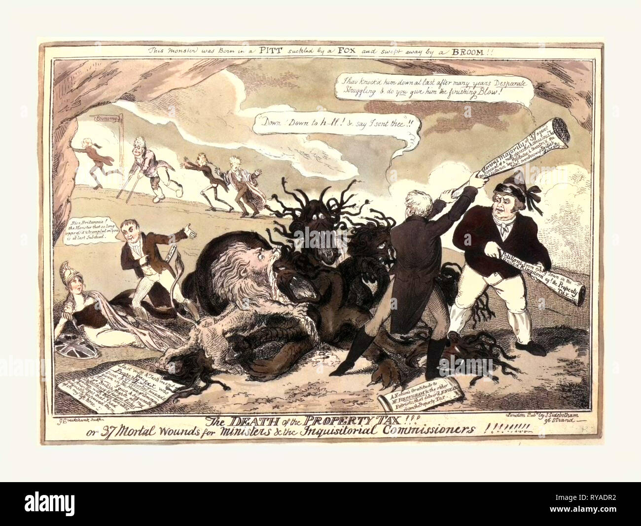 The Death of the Property Tax! or 37 Mortal Wounds for Ministers & the Inquisitoral Commissioners!, Cruikshank, George, 1792-1878, Engraving 1816, Henry Brougham, John Bull, and the British Lion (Leo Britannicus) Attacking a Hydra Representing the Property Tax. At Tail of the Monster Mr. Tierney Tells Britannia to Rise. In the Background, Liverpool, the Regent, Castlereagh, and Vansittart Hasten Up a Slope with a Sign-Post Pointing to Economy Stock Photo