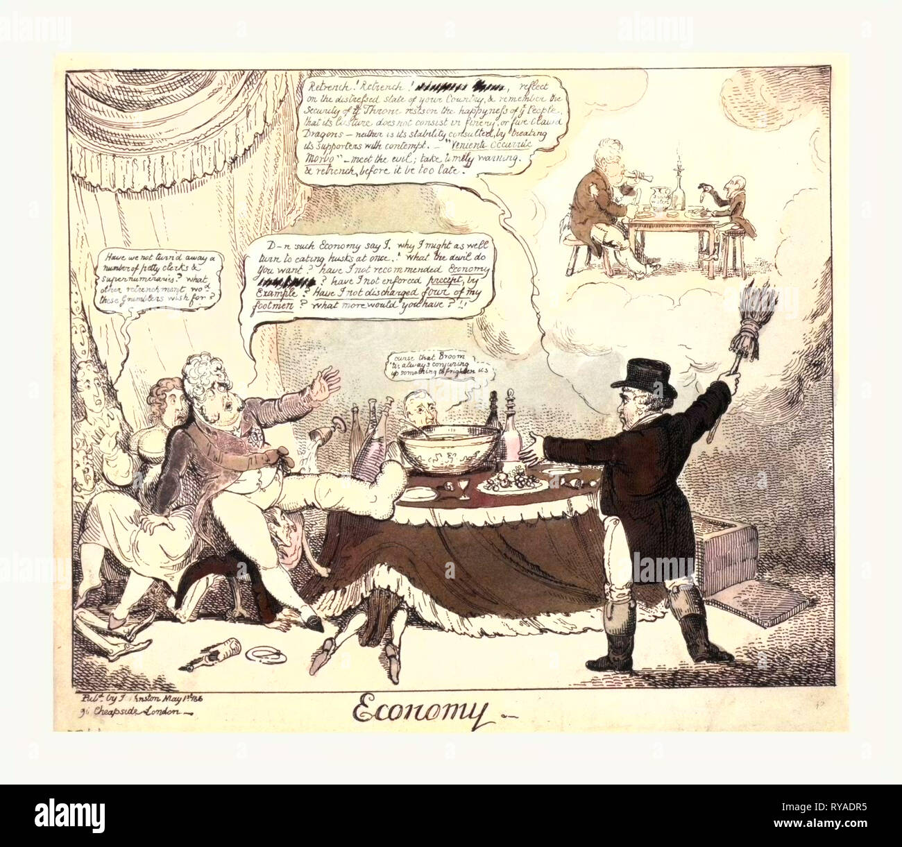 Economy, Cruikshank, George, 1792-1878, Artist, London, Engraving 1816,  Brougham, in the Guise of John Bull, Appears to the Regent, Holding Up a Broom which Points Towards a Small Scene Surrounded by Clouds. The Regent, Who Has Been Revelling Over a Large Bowl of Punch, Falls Back Terrified, Overturning His Chair. Brougham, Arm Extended Towards the Regent, Declaims: Retrench, Retrench, Reflect on the Distressed State of Your Country. The Regent Falls on to Mahon, a Tiny Figure on Hands and Knees, Gazing Up at Brougham, He Supports Himself with His Right Hand on the Knee of Lady Hertford. Stock Photo
