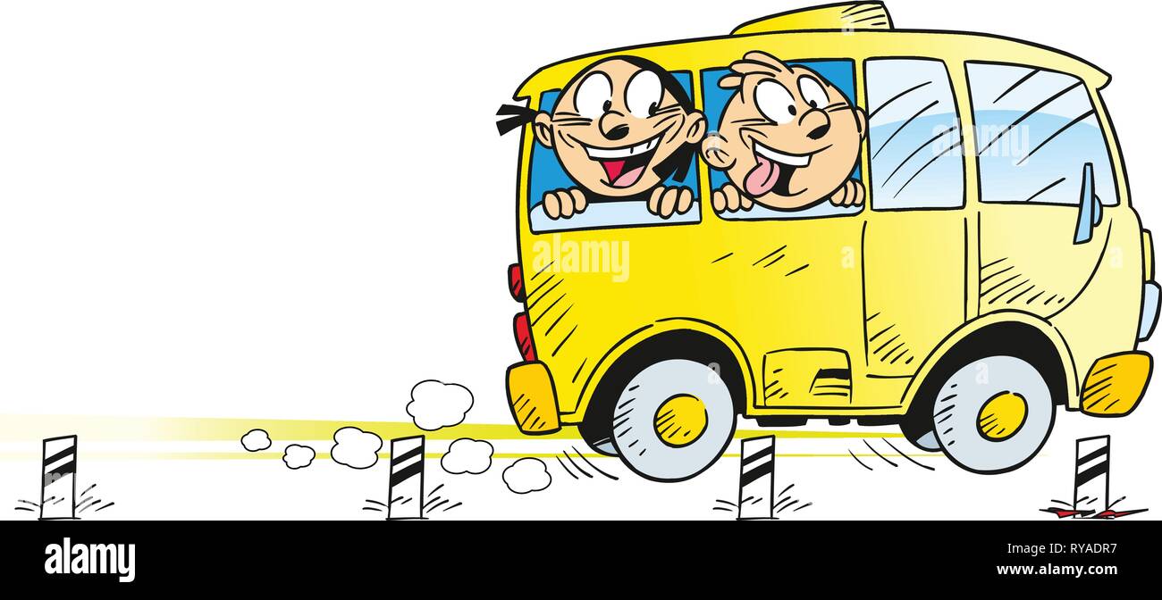 The illustration shows a boy and a girl, who are traveling in a bus. Illustration done in cartoon style, isolated on white background on separate laye Stock Vector