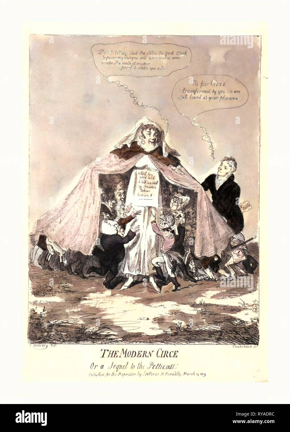 The Modern Circe or a Sequel to the Petticoat, Engraving 1809, Mrs. Mary Anne Clarke, Wearing the Duke of York's Military Cloak, Extending It to Cover a Crowd of Miniature Soldiers, Civilians and Clergymen Clustering Around Her with Outstretched Arms, Mr. Waddle (Mr. Wardle), Standing to the Side, Gazes at Her and Declares His Fascination Stock Photo
