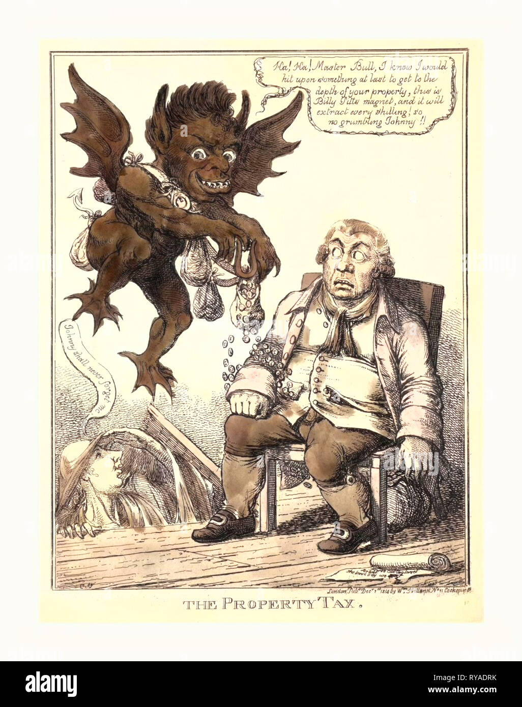 The Property Tax, Williams, C., Artist, Engraving 1814, Cartoon Shows a Prosperous John Bull Seated in a Chair As a Blue Demon Hovers above Him Using a Magnet to Withdraw Coins from Bull's Waistcoat Pocket. The Ghost of William Pitt Rises from the Floorboards Saying Johnny Shall Never Forget Me Stock Photo