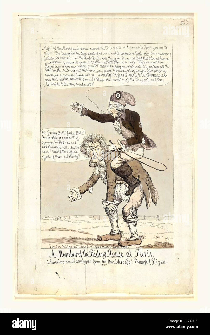 Member of the Riding House at Paris, Delivering an Harangue from the Shoulders of a French Citizen, Holland, William, Active 1782 1817, Engraving 1799, a Member of the New French Aristocracy Wearing a Phrygian or Liberty Cap with Circular Emblem, Riding on the Back of a French Citizen, He Implores, Messrs. of the Menage - I Again Ascend the Tribune to Endeavour to Spur You on to Action! the Enemy Has the Whip Hand of Us, and Unless We Keep a Tight Rein Those Cunning Jockies Suwarrow and the Arch Duke Will Throw Us from Our Saddles, in 1799, Russian Forces Under Field Marshal Aleksandr Stock Photo