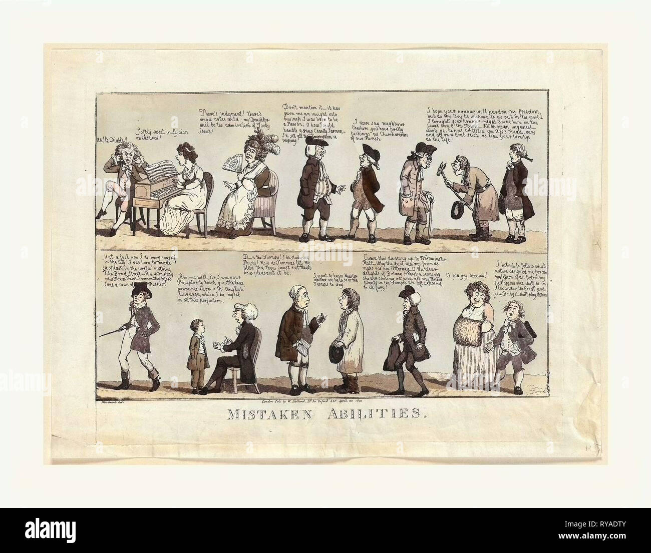 Mistaken Abilities, Engraving 1800, Several Individuals, Each Believing They Are Better Suited to a Particular Occupation Other Than the One They Are Currently Engaged in, Such As a Farmer that Wants to Be a Doctor or an Attorney that Would Rather Be Studying Botany Stock Photo