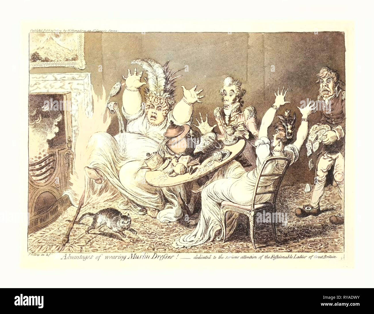Advantages of Wearing Muslin Dresses!, Gillray, James, 1756-1815, Engraver, [London]: H. Humphrey, 1802, a Fat Lady, Sitting with a Man and Woman at a Tea Table, Reacts in Horror As a Hot Poker from the Fire Falls on Her Dress and Sets It on Fire. The Man Sits Helplessly While the Second Woman Upsets the Table in Her Alarm. A Butler, Entering the Room, Drops a Plate of Muffins, and a Cat Scampers Away from the Fire. A Painting of Mt. Vesuvius Hangs Over the Fireplace Stock Photo