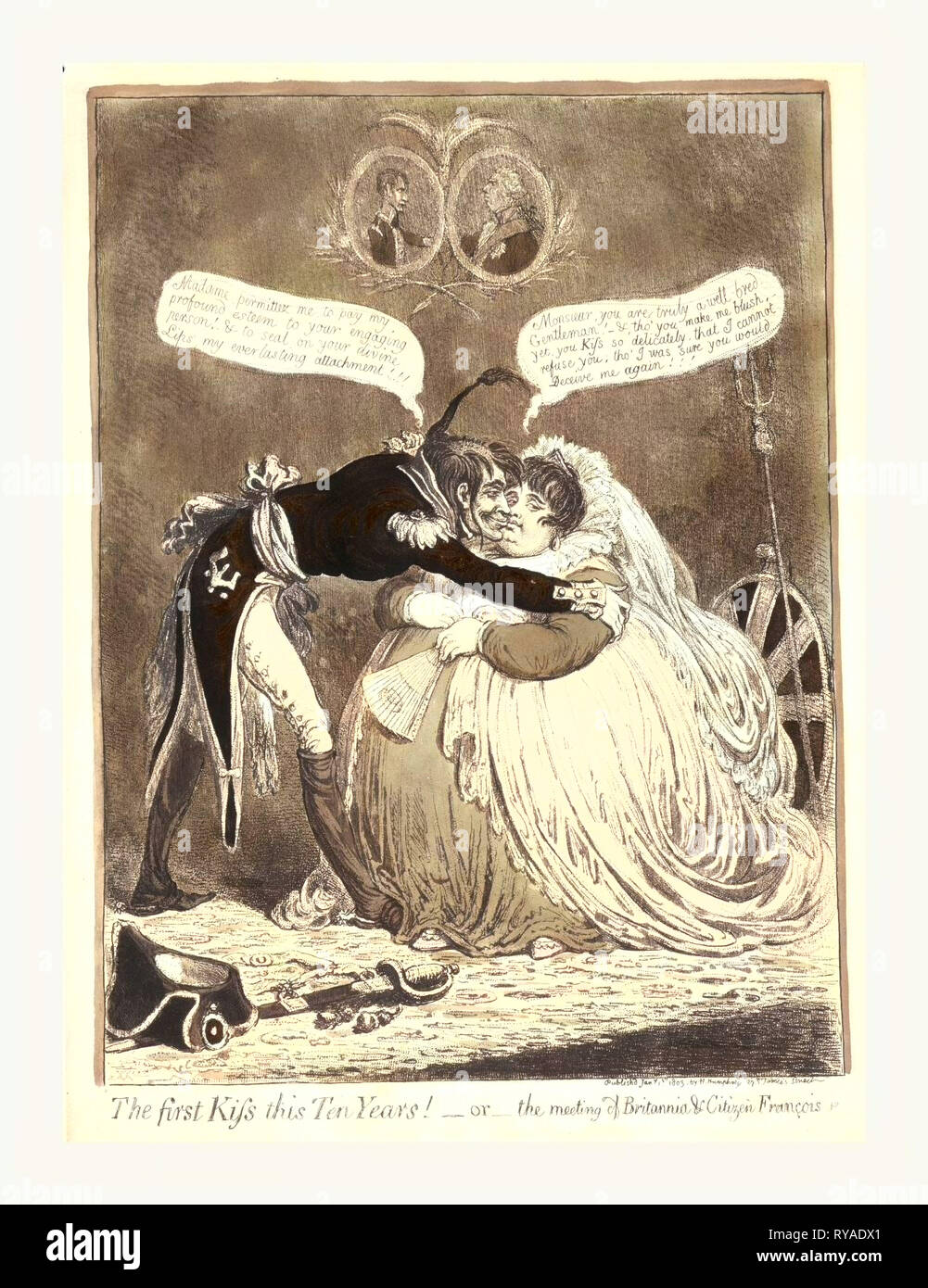 The First Kiss This Ten Years! - or - the Meeting of Britannia & Citizen  Francois, Gillray, James, 1756 1815, Engraver, [London]: H. Humphrey,  1803., 1 Print : Etching, Hand-Colored., a Tall,