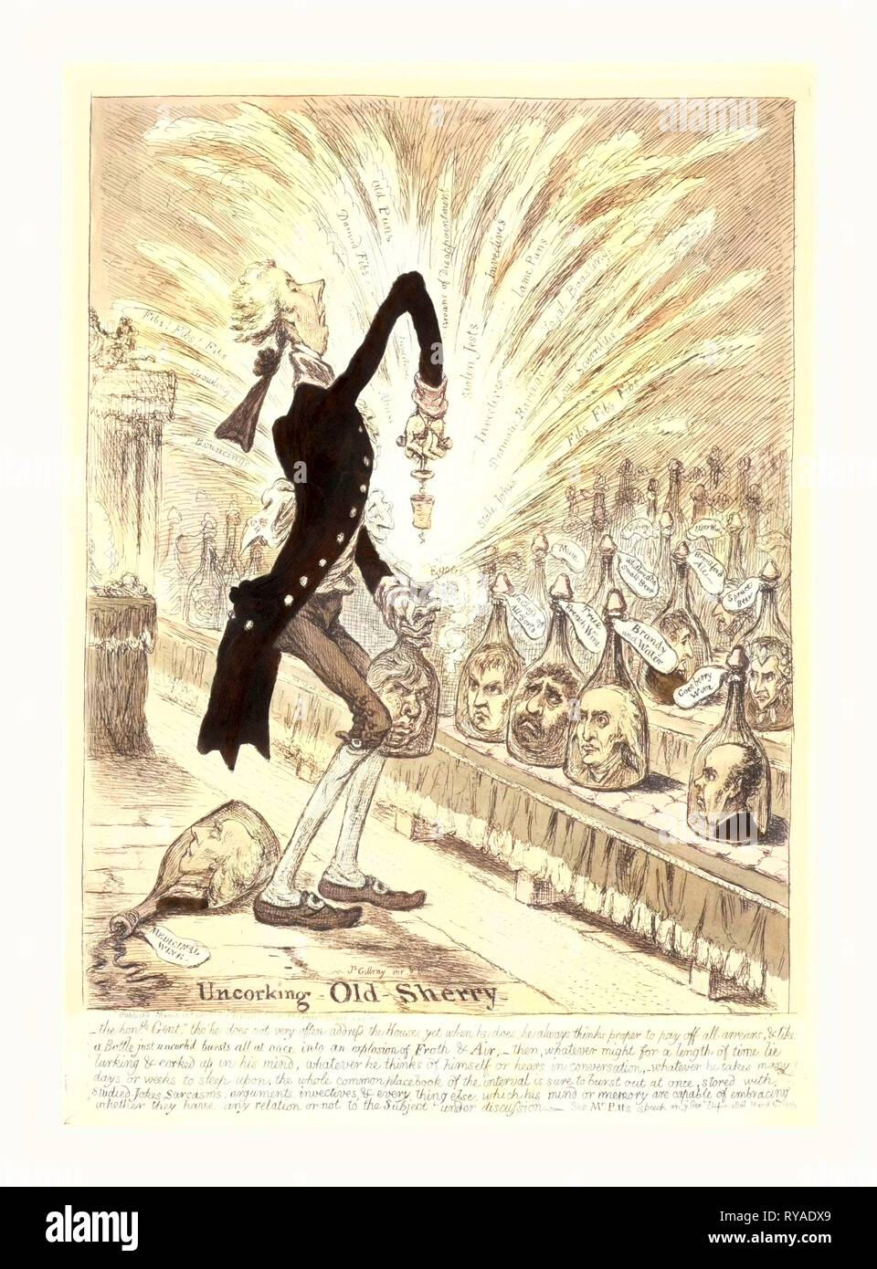 Uncorking Old Sherry, William Pitt Stands in the House of Commons, Facing the Opposition which is Represented by Bottles Containing the Heads of the Most Well-Known Opposition Leaders Including Fox, Tierney, Windham and Grey. At Pitt's Feet is a Bottle Containing the Head of Sidmouth. Pitt is Uncorking a Bottle Containing the Head of Sheridan, the Contents of which Spray Up and on which Appear Inscriptions Describing Excessive Oratory, Apparently by the Opposition Stock Photo