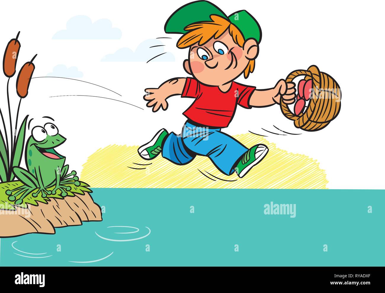 The illustration shows a funny boy with a basket of mushrooms in hands. He runs near the pond. Illustration done in cartoon style. Stock Vector