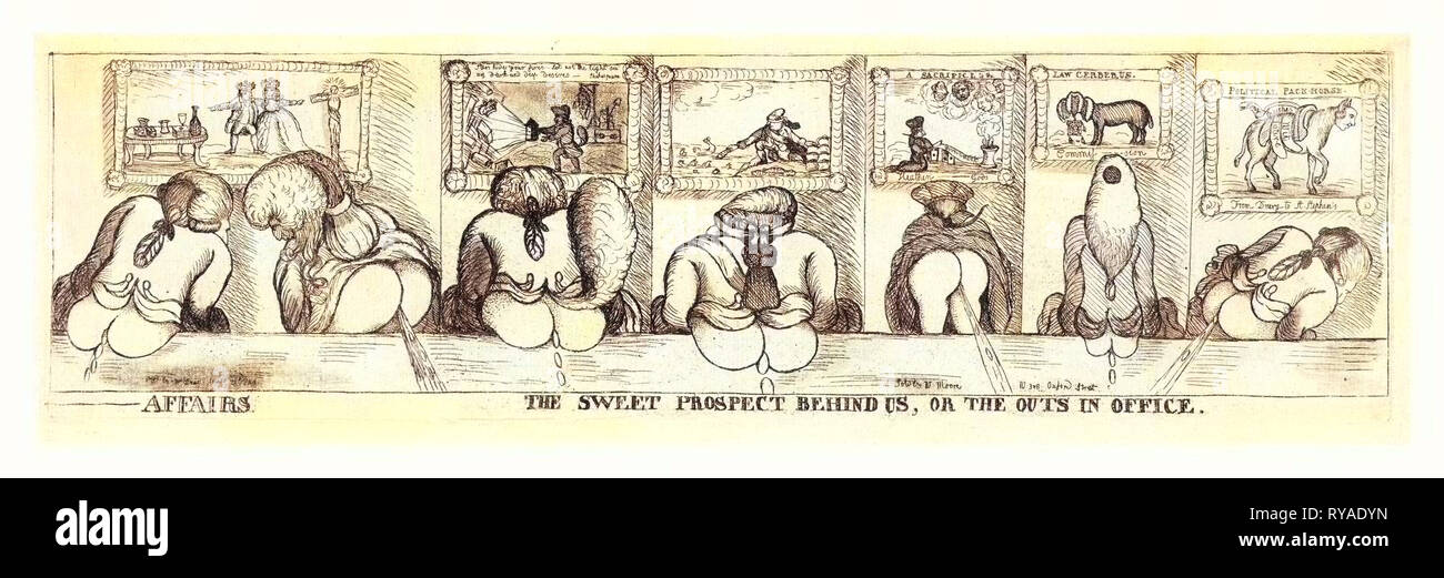 Affairs. The Sweet Prospect behind Us, or the Outs in Office, Publisher, En Sanguine Engraving 1789, Rear Views of the Prince of Wales, Maria Fitzherbert, Charles James Fox, Lord North, Edmund Burke, a Prospective Lord Chancellor, and Richard B. Sheridan, with Buttocks Exposed, Defecating. On the Wall in the Background Are Paintings Depicting Each of the Sitters Stock Photo
