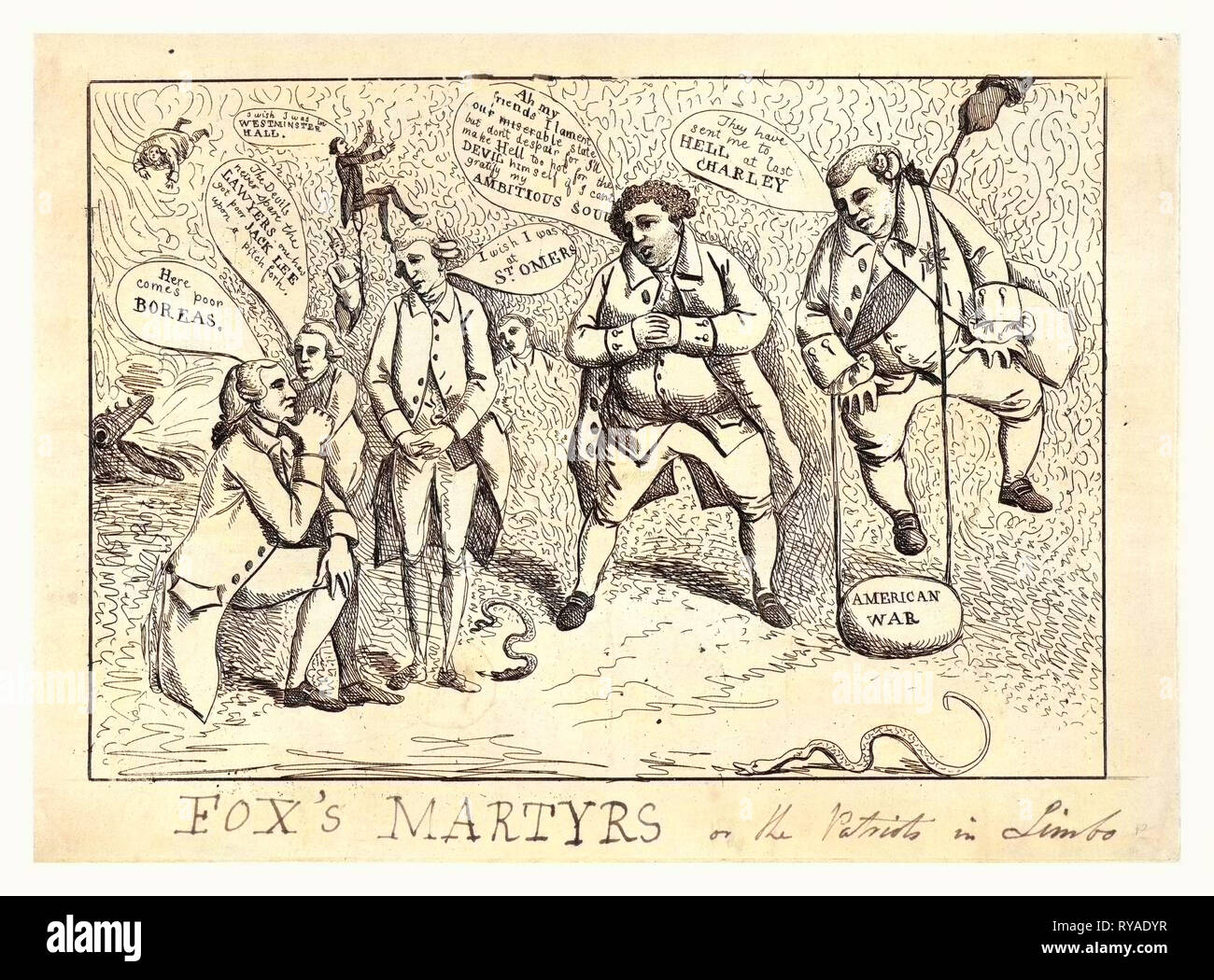 Fox's Martyrs or the Patriots in Limbo, [England : Publisher Not Named, March 1784], 1 Print: Etching , 25.2 X 34.9  (Plate), Print Shows Charles James Fox's Martyrs During the American Revolution. On the Right, Frederick, Lord North, Hangs from a Devil's Pitchfork and Wears a Large Stone Labeled American War from His Neck. In the Center, Charles Fox Apologizes for His Actions, in the Aftermath of the 1784 General Election. The 1784 Parliamentary Election Was the First National Election. The Fox-North Coalition Came Under Attack by George III and William Pitt the Younger. Stock Photo