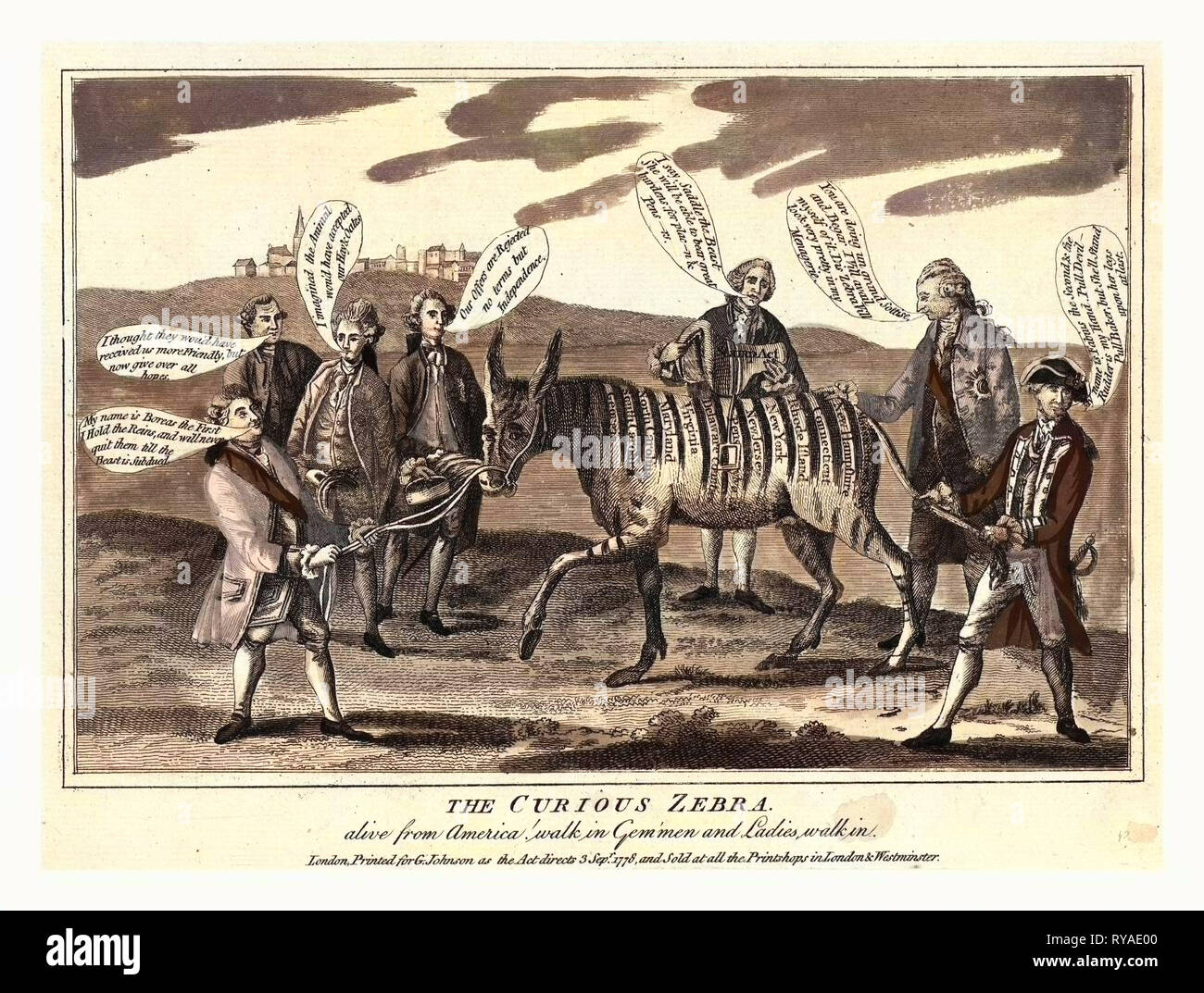 The Curious Zebra Alive from America! Walk in Gem'Men and Ladies, Walk in, Cartoon Shows a Group of Men, Including George Washington Who is Standing to the Right Holding the Tail of the Zebra, and Lord North, Standing on the Left Gripping the Reins, Trying to Guide the Zebra on Whose Stripes Are the Names of the Thirteen Colonies Stock Photo
